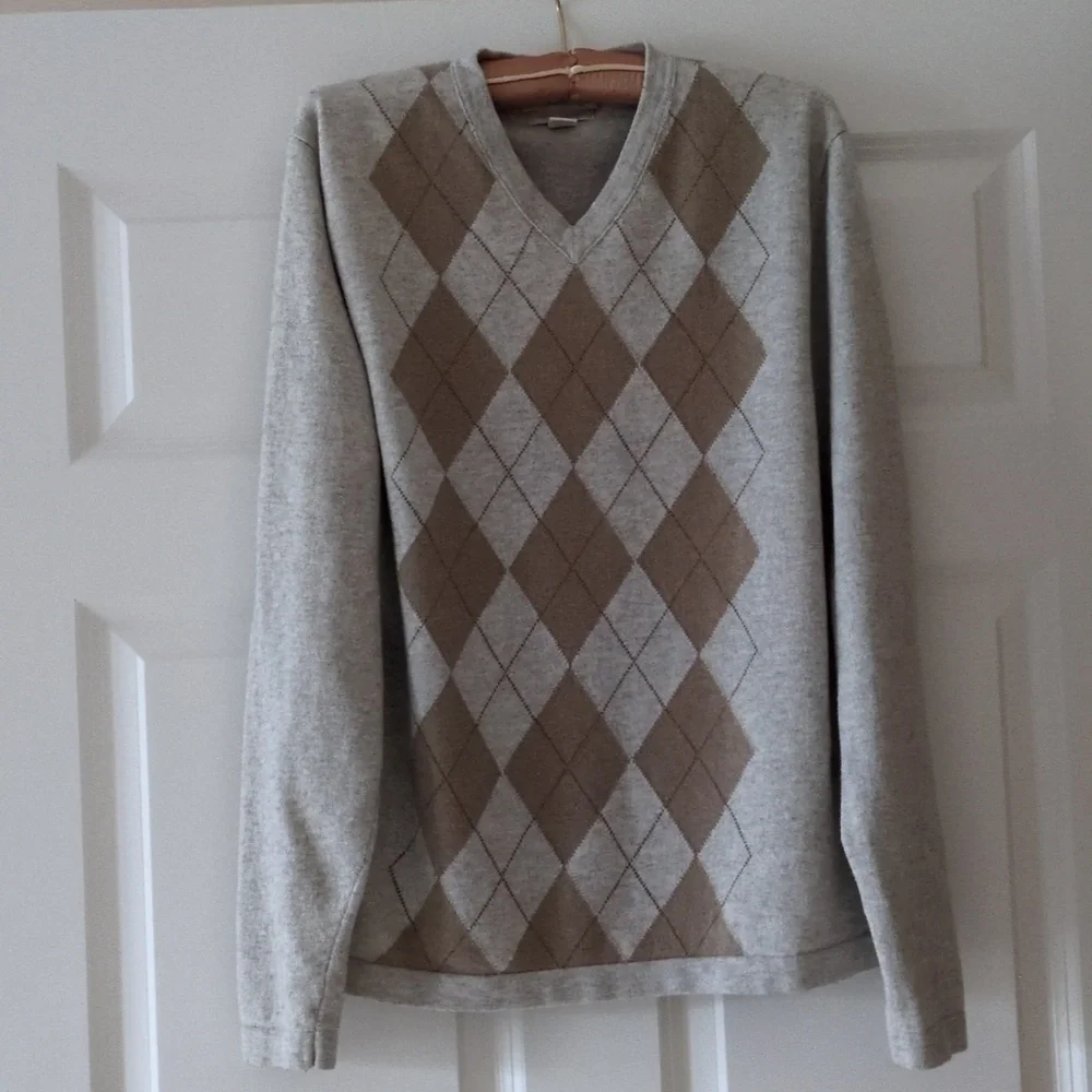 Banana Republic sweater cotton cashmere argyle Preppy Neutral V neck M